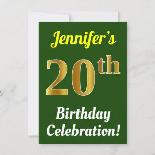 Invitation Green, Faux Gold 20th Birthday Celebration + Nom