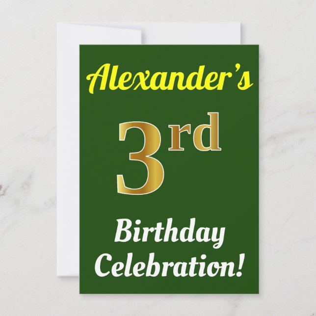 Invitation Green, Faux Gold 3ème anniversaire Célébration + N (Devant)