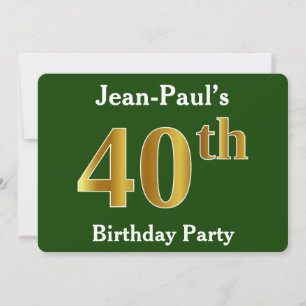 Invitation Green, Faux Gold 40th Birthday Party + Nom personn