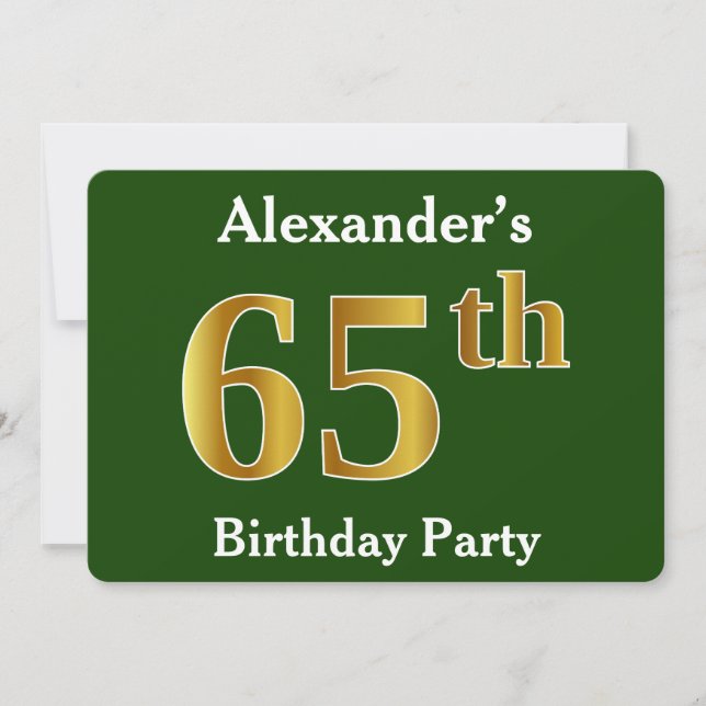 Invitation Green, Faux Gold 65e fête d'anniversaire + Nom per (Devant)