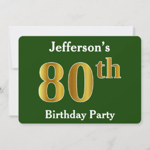 Invitation Green, Faux Gold 80th Birthday Party + Nom personn