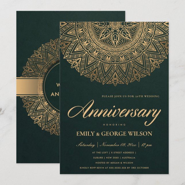 INVITATION GREEN FAUX GOLD MANDALA TOUTE L'ANNÉE 50E ANNIVERS (Devant / Derrière)