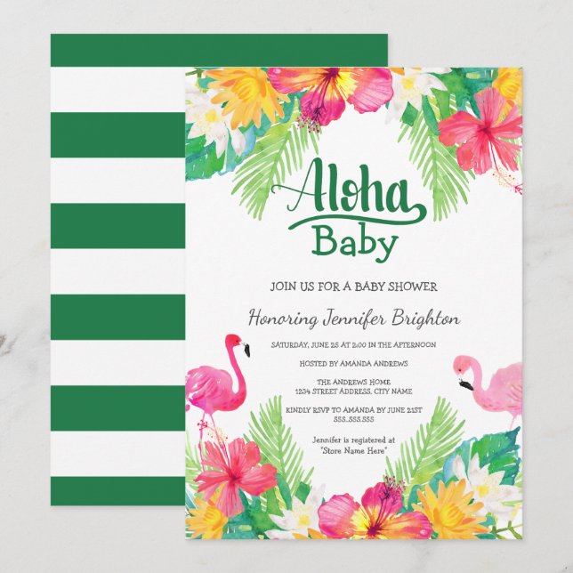 Invitation Green | Flamant rose tropical Baby shower Luau (Devant / Derrière)