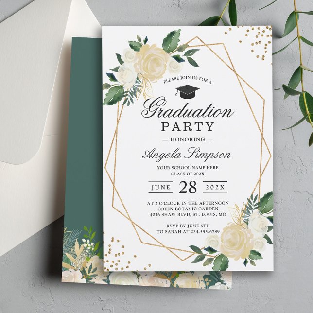 Invitation Green Floral Gold Géométrique Partie de graduation (Créateur téléchargé)