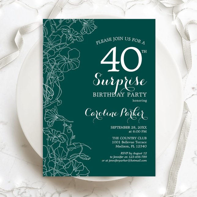 Invitation Green Floral Surprise 40e anniversaire (Créateur téléchargé)