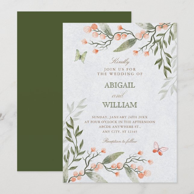 Invitation Green floral wedding  (Devant / Derrière)