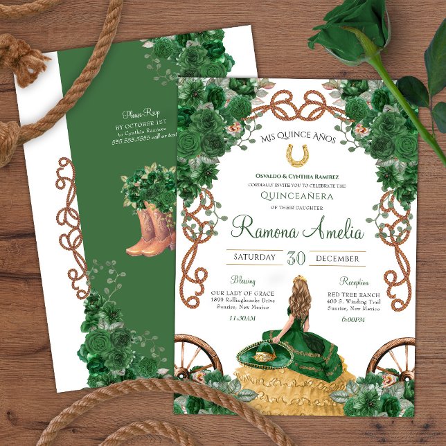 Invitation Green Floral Western Ranch Charra Quinceañera (Créateur téléchargé)