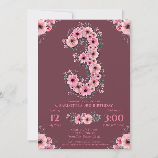 Invitation Green Foliage Big 3ème anniversaire fille Fleurs r (Devant)