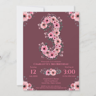 Invitation Green Foliage Big 3ème anniversaire fille Fleurs r
