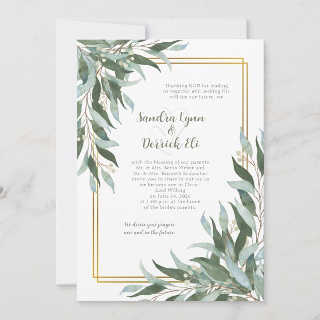 Invitation Green Foliage Greenery Gold Frame Wedding (Devant)