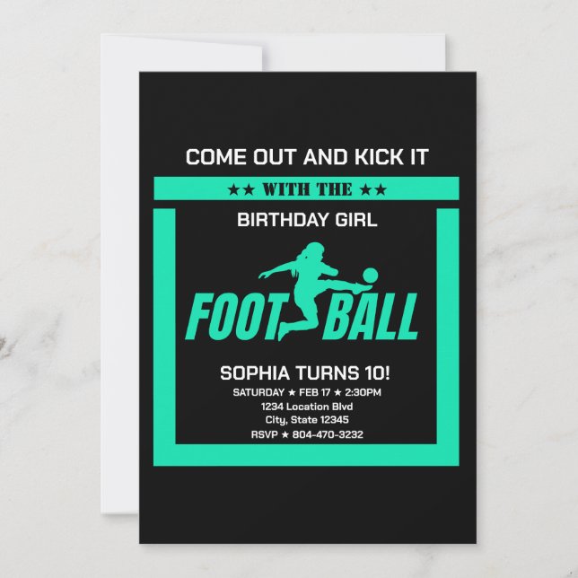 Invitation Green Football Player Girl, Birthday Girl Team (Devant)