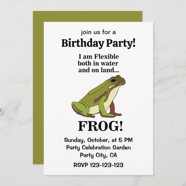 Invitation Green Frog Funny Birthday Party (Devant / Derrière)