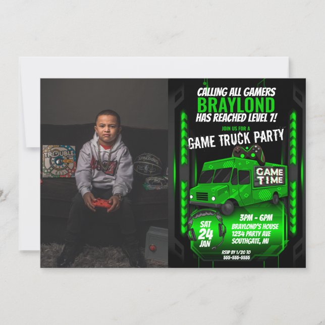 Invitation Green Game Camion Anniversaire Fête Photo Invitati (Devant)