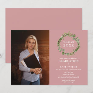 Invitation Green Garland Dusty Rose Photo Graduation Party