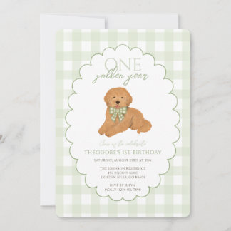 Invitation Green Gingham One Golden Year First Birthday Puppy