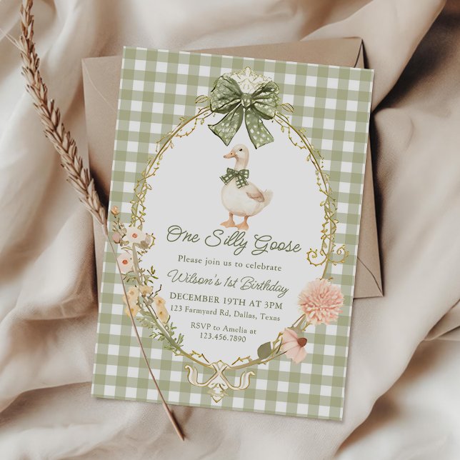 Invitation Green Gingham One Silly Goose 1st Birthday (Créateur téléchargé)