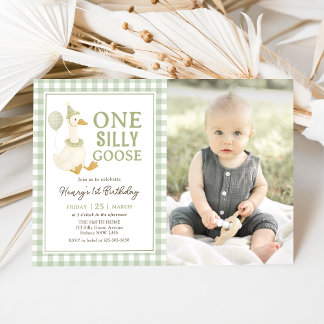 Invitation Green Gingham One Silly Goose Birthday Photo