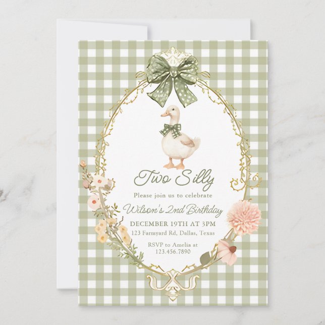 Invitation Green Gingham Silly Goose 2nd Birthday (Devant)