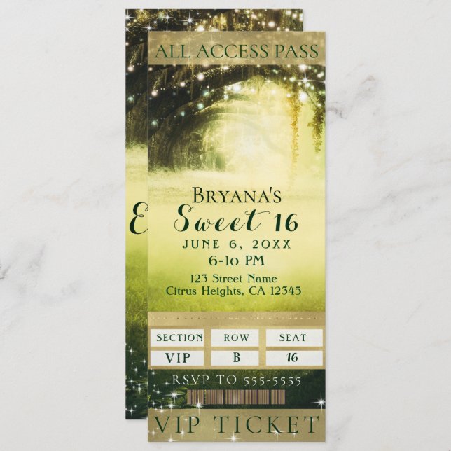 Invitation Green Glow Forest & Sparkle Lights Sweet 16 billet (Devant / Derrière)