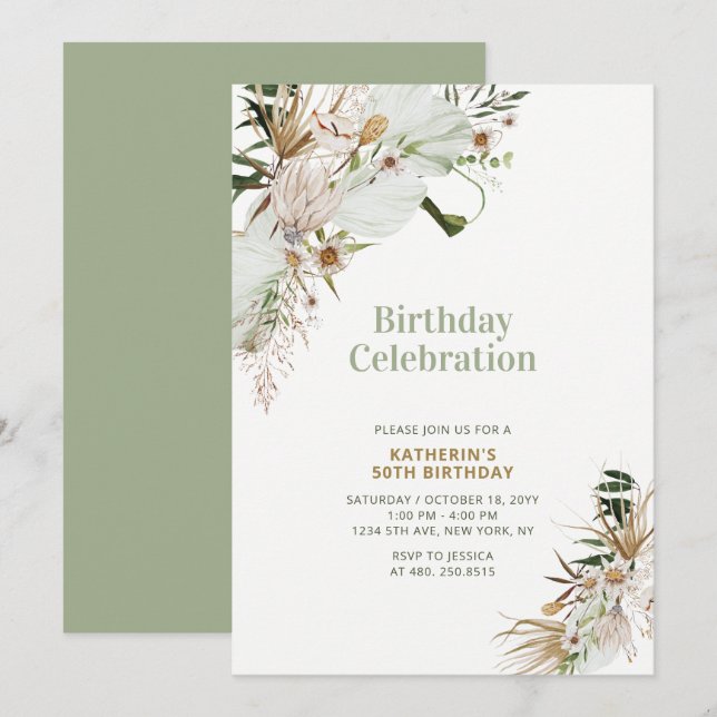Invitation Green & Gold Boho Milestone Adulte fête d'annivers (Devant / Derrière)