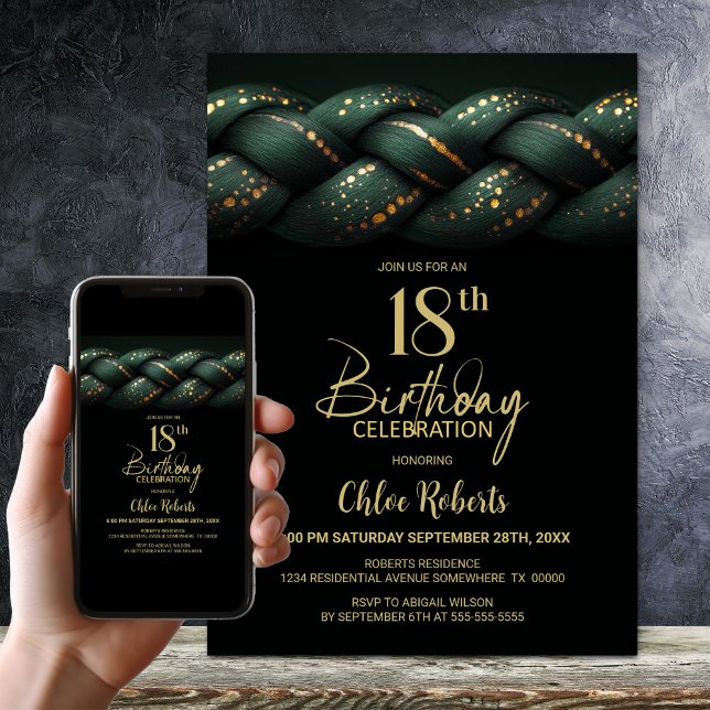 Invitation Green Gold Braid 18e fête d'anniversaire (Créateur téléchargé)