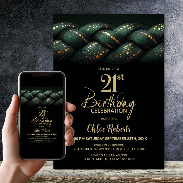 Invitation Green Gold Braid 21e fête d'anniversaire (Créateur téléchargé)