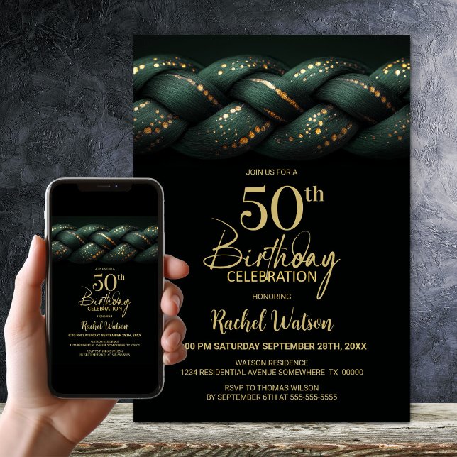 Invitation Green Gold Braid 50e fête d'anniversaire (Créateur téléchargé)