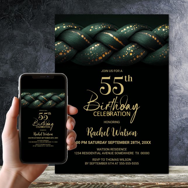 Invitation Green Gold Braid 55e fête d'anniversaire (Créateur téléchargé)