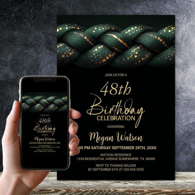 Invitation Green Gold Braid N'importe quel âge fête d'anniver (Créateur téléchargé)