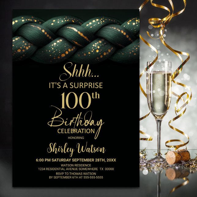 Invitation Green Gold Braid Surprise 100e fête d'anniversaire (Créateur téléchargé)
