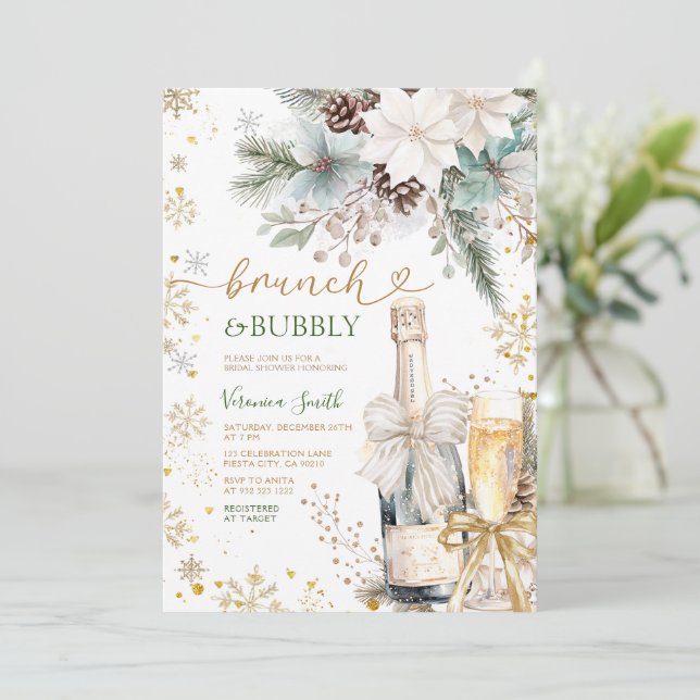 Invitation Green Gold Brunch Bubbly Champagne Bridal Shower  (Debout devant)