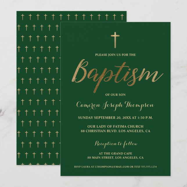 Invitation Green Gold Cross Custom Baby boy Baptême (Devant / Derrière)