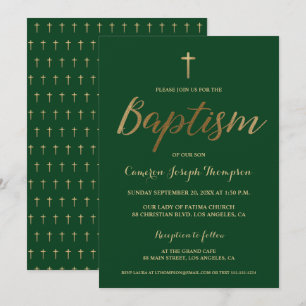 Invitation Green Gold Cross Custom Baby boy Baptême