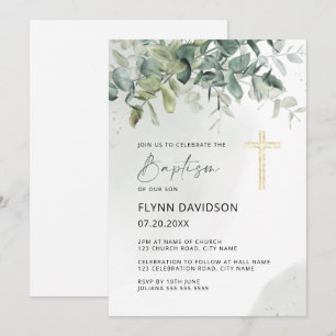 Invitation Green & Gold Cross Verdure Baptême Christening