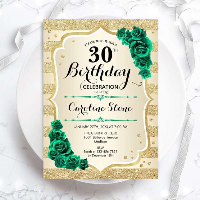Invitation Green Gold Elegant Floral 30e anniversaire (Créateur téléchargé)