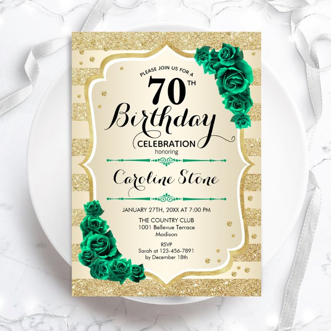 Invitation Green Gold Elegant Floral 70e anniversaire (Créateur téléchargé)
