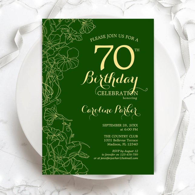 Invitation Green Gold Floral 70e fête d'anniversaire (Créateur téléchargé)