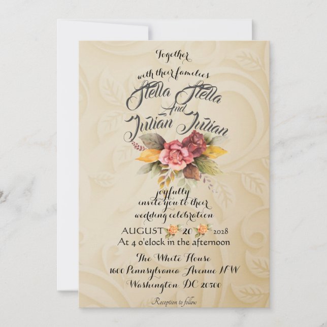 Invitation Green Gold Floral Rustic Elegant White Mariage Inv (Devant)