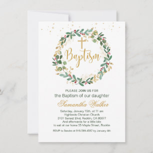 Invitation Green Gold Foliage Red Berry Croix Baptême Invitat
