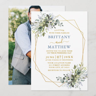 Invitation Green Gold Geo Frame Dusty Blue Photo Mariage