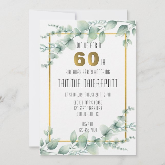 Invitation Green Gold Green Eucalyptus 60e fête d'anniversair (Devant)