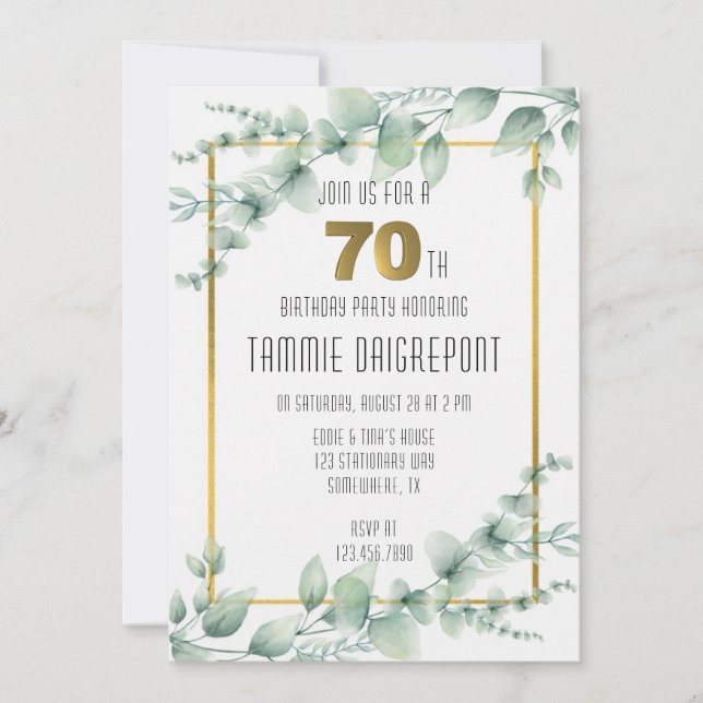 Invitation Green Gold Green Eucalyptus 70e fête d'anniversair (Devant)