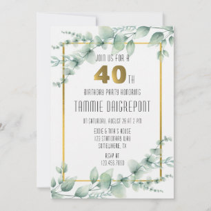 Invitation Green Gold Greeney Eucalyptus 40e fête d'anniversa