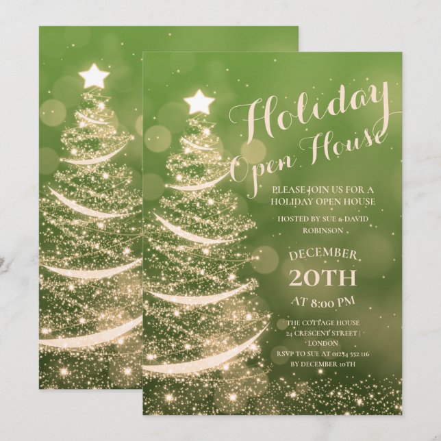 Invitation Green & Gold Holiday Open House Party (Devant / Derrière)