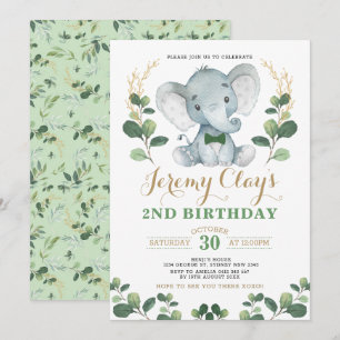 Invitation Green Gold Jungle Baby Elephant 2e anniversaire