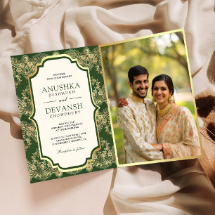 Invitation Green Gold Lace QR Code Photo Mariage indien