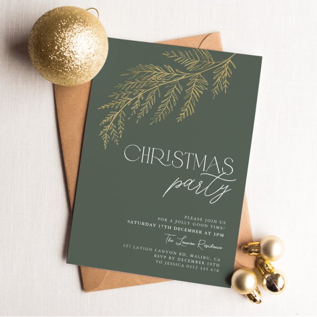 Invitation Green Gold Leaf Fête de Noël moderne (Green and Gold Christmas Party Invitation)