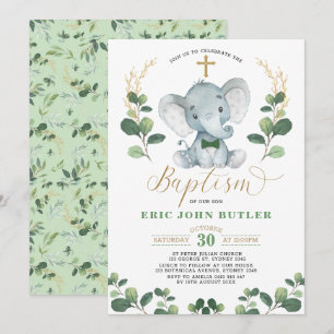 Invitation Green Gold Little Man Elephant Bowtie Baptême