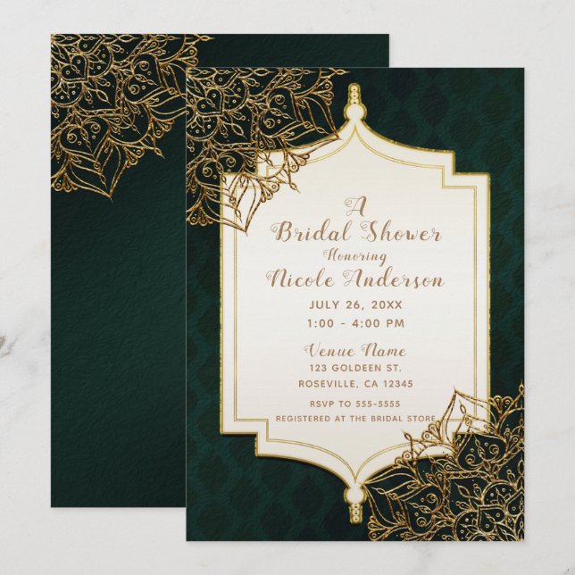 Invitation Green & Gold Marocain Arabian Nights Fête des mari (Devant / Derrière)
