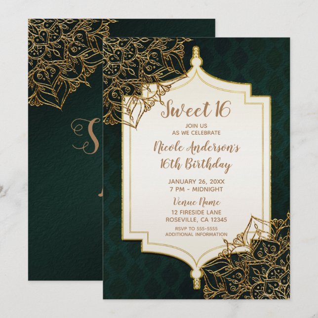 Invitation Green Gold Marocain Arabian Nights Sweet 16 Party (Devant / Derrière)
